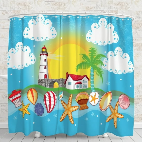 Whimsical Beach Scene Shower Curtain with Lighthouse & Seashells - Coastal Decor