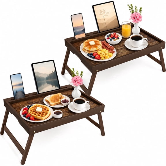 Lorveina 2 Pack Large Bamboo Bed Tray Table with Foldable Legs Detachable Stand Breakfast Serving Tray Laptop Tablet Phone Slot Vintage Walnut
