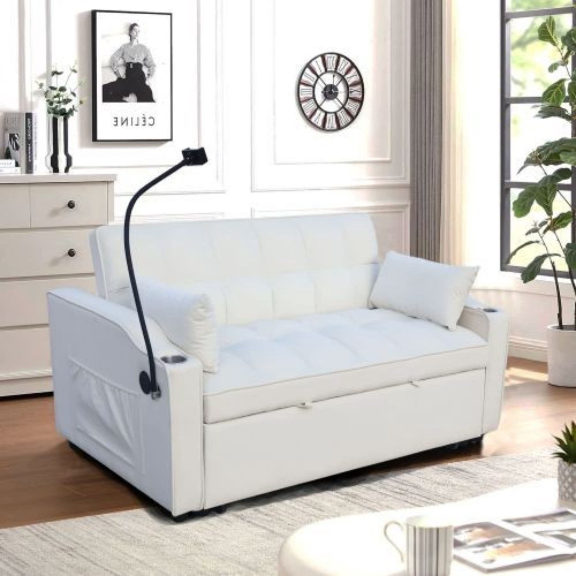 Velvet Loveseat Sofa Bed, 3-in-1 Convertible Sleeper Couch with USB Ports & Pullout Bed, Beige