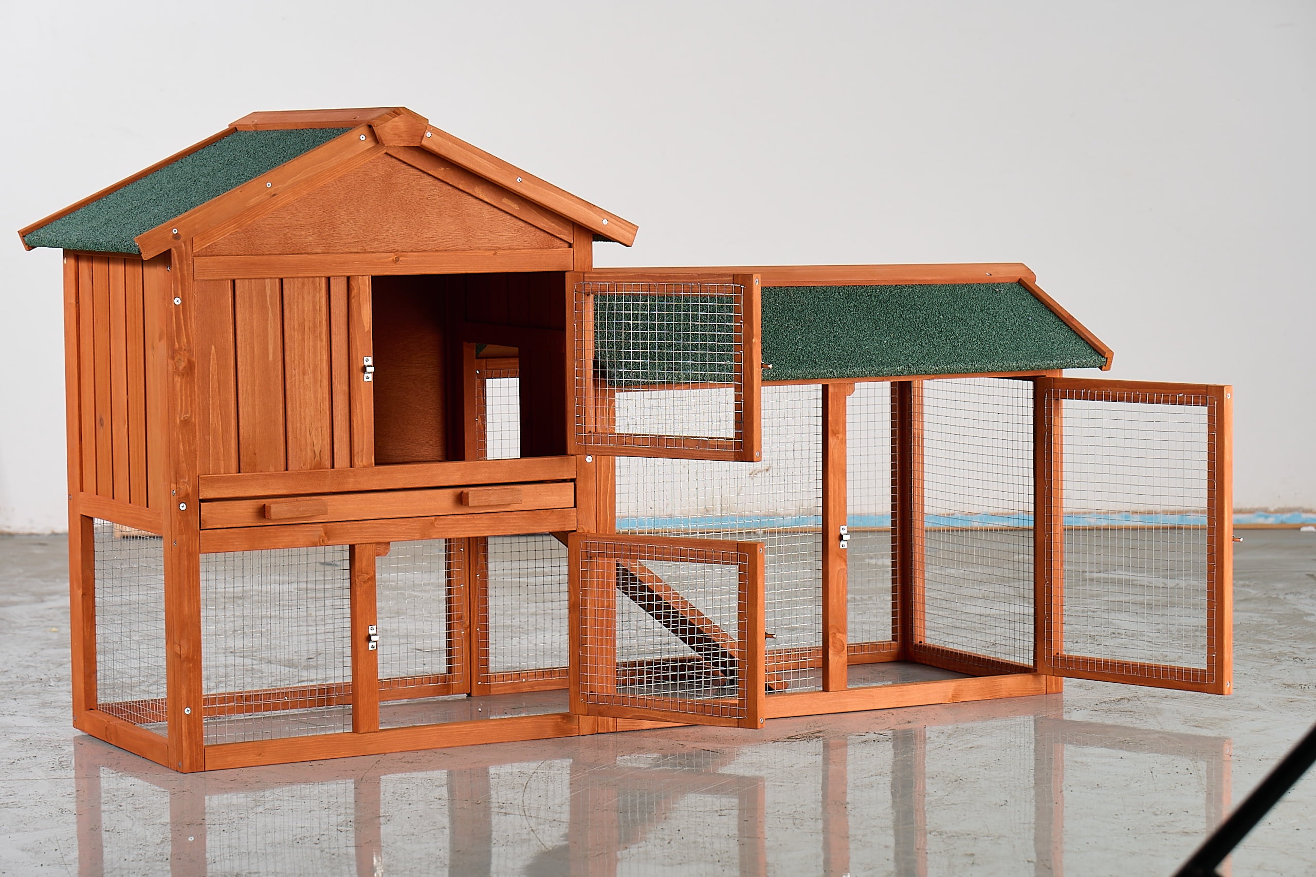Noaman 2-Story Wooden Rabbit Hutch with Waterproof Roof, Pull-Out Tray & Ramp, 57.87x20.47x33.46in, Brown