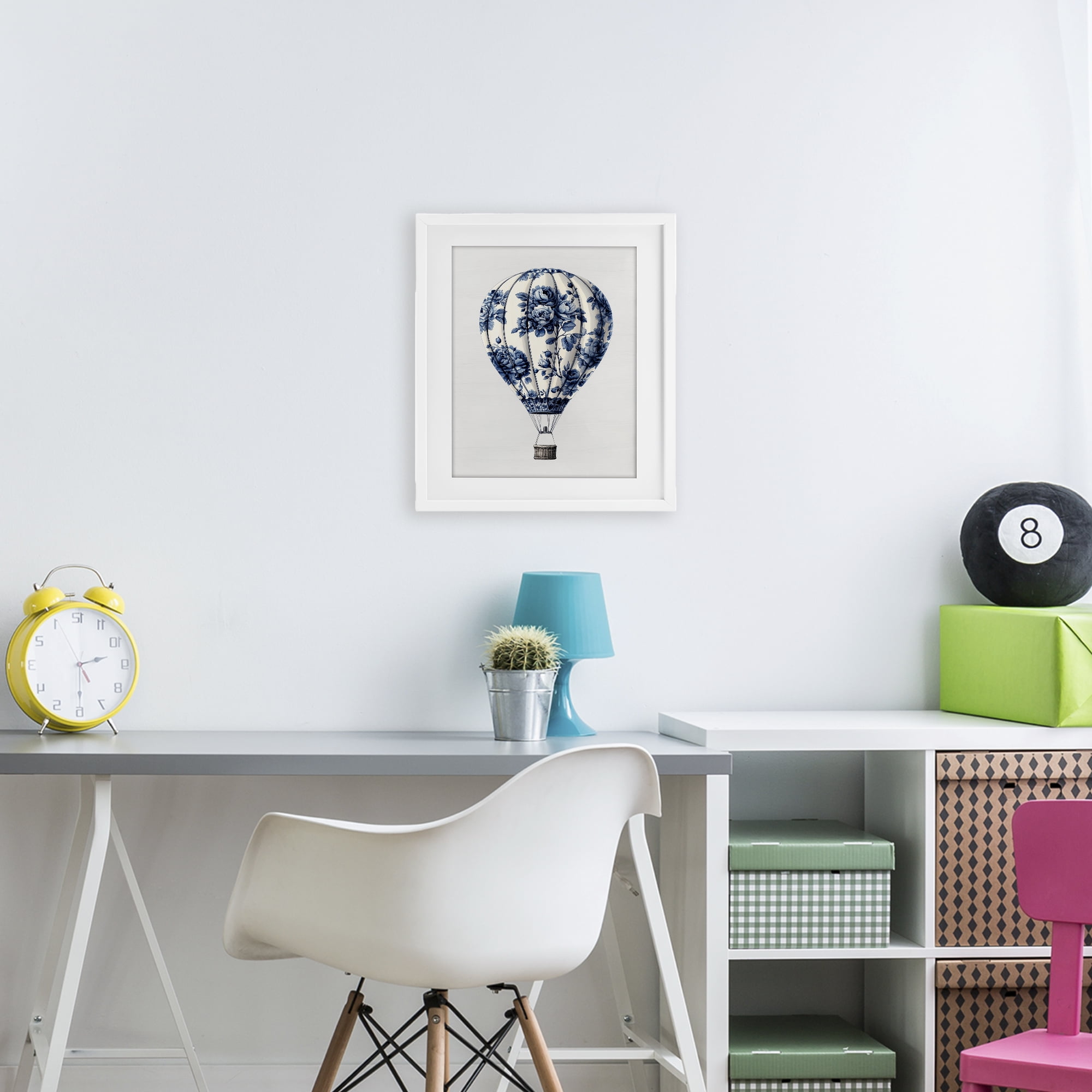 Vintage Toile Hot Air Balloon White Framed Print Under Glass, design by Lettered and Lined