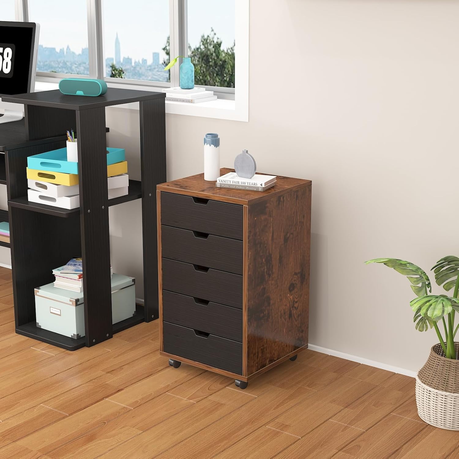 5-Drawer File Cabinet, Wooden Storage Cabinet with Wheels, Dresser Chest of Drawers, Filing Cabinets for Home Office, Rustic Brown