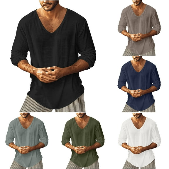 Drindf Mens Long Sleeve Linen Shirts Cotton V Neck T Shirt Loose Fit Plain Tees Comfort Breathable Fall Clothes Casual Solid Color Tshirts Men's Tops