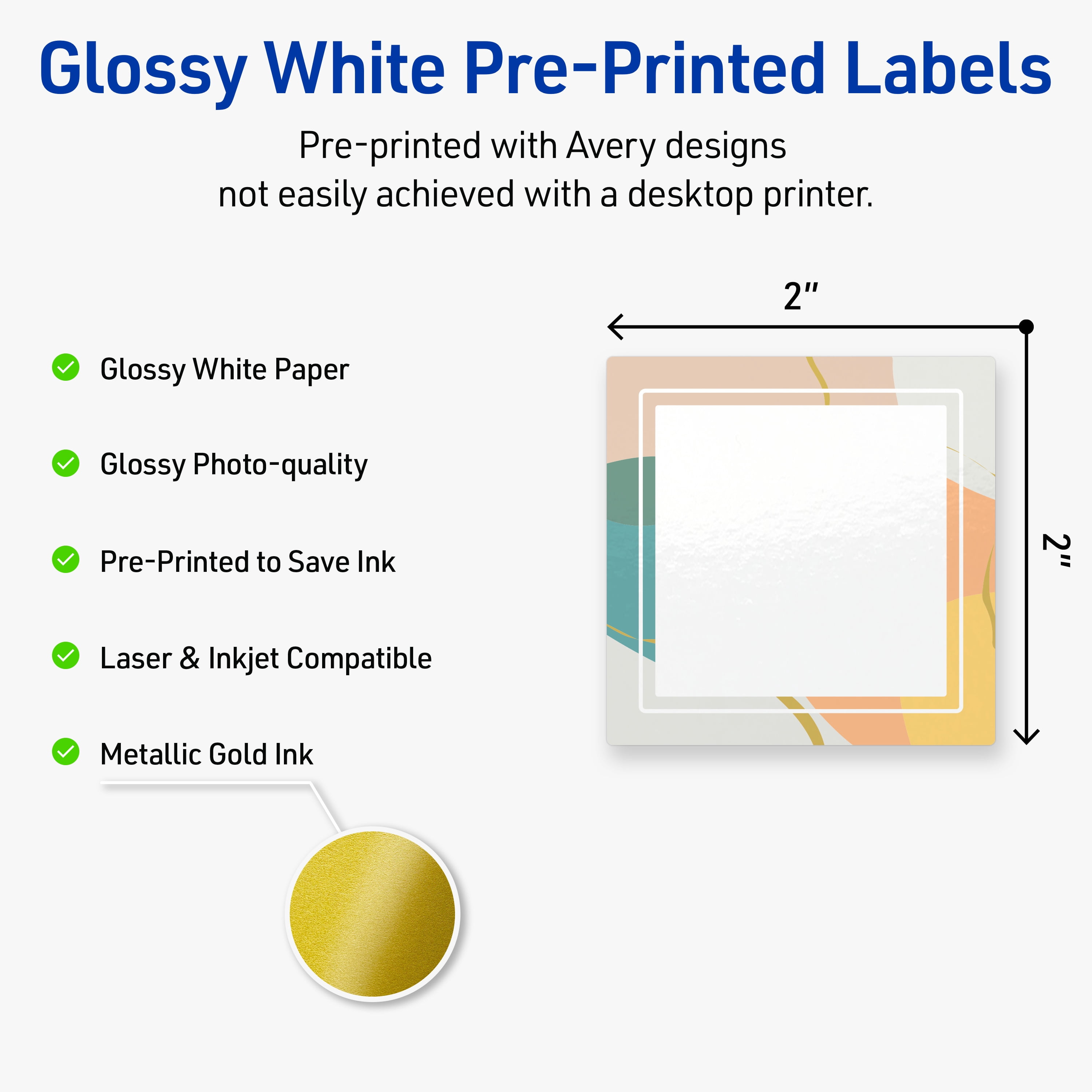 Avery Square Labels, 2" x 2", Color Block with Gold Specs, Glossy