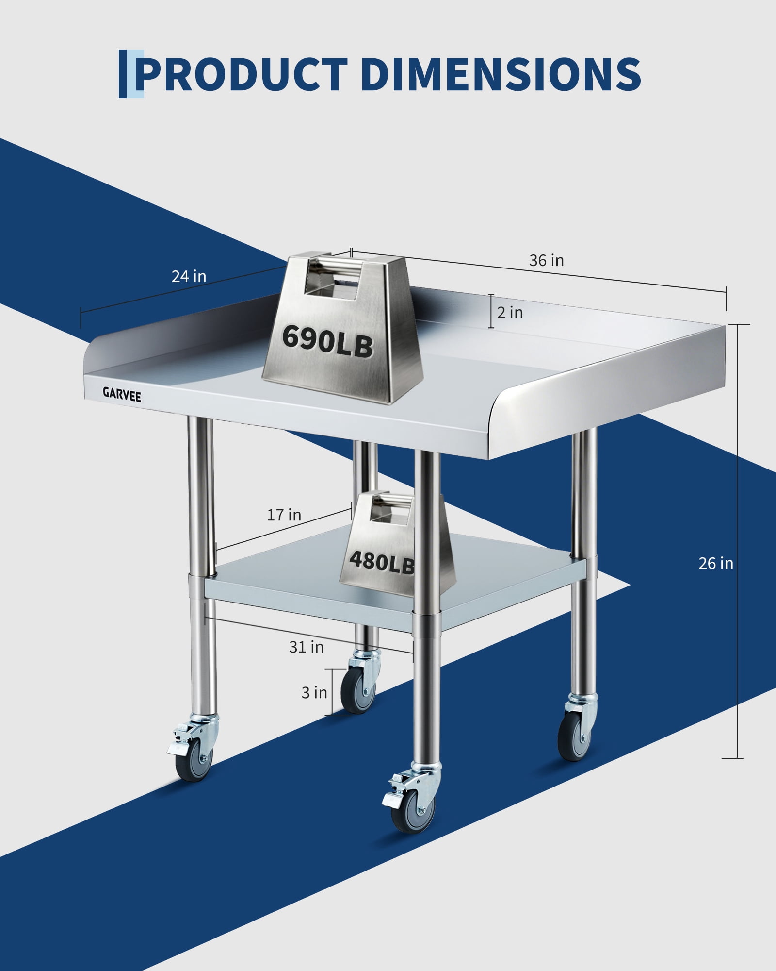 Stainless Steel Work Table, with 3-Sided Backsplash & Wheels, Height-Adjustable Undershelf,Prep Commercial Table for Restaurant, Hotel, Home and Warehouse, 24x36inch