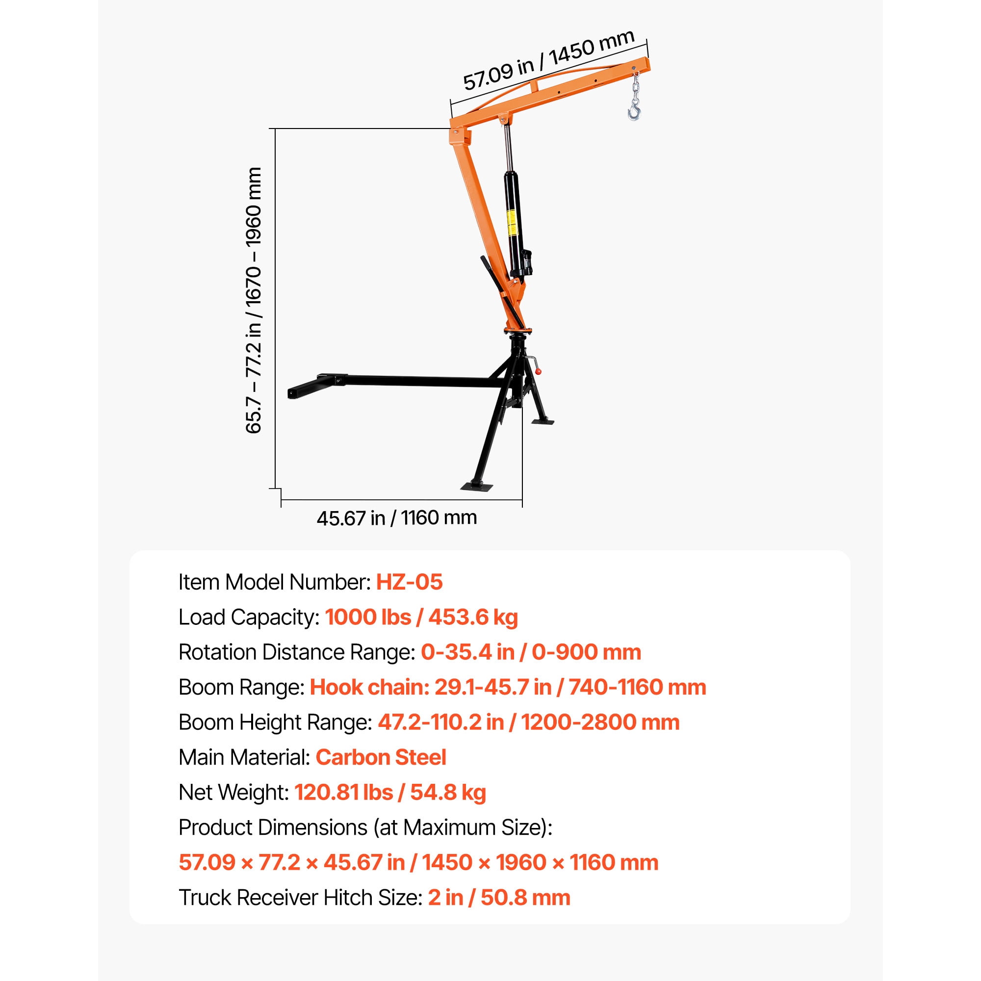 KFFKFF Truck Crane, 1000 lbs Capacity, Trailer Hitch Mounted with Manual Hydraulic System, 360° Rotating Telescopic Boom, Foldable Design for Lifting Machinery and Lumber