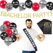 Brosash Funny Bachelor Party Decorations - 26 Piece Set with Gold Banner, Sash, Balloons, Rules Cards