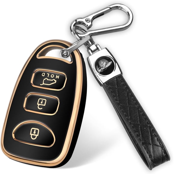 Key Fob Cover Compatible with Hyundai Elantra Sonata Accent Tucson Kia Forte Optima Rondo Sorento Spectra Genesis 4 Button Leather TPU Silver Edge Smart Key Keychain Case Holder Protector,Black