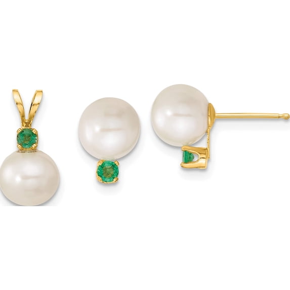 14K Yellow Gold 7-8mm White Fw Cultured Pearl & Emerald Stud Earrings Pendant (7 X 7) Made In Canada xf303set
