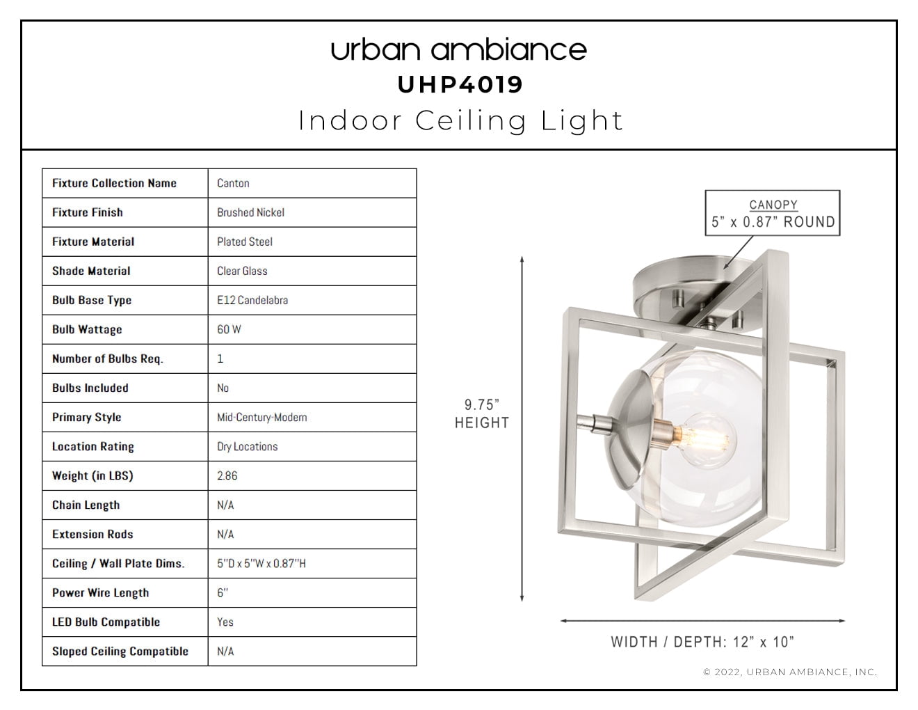 Luxury Minimalist Ceiling Light, 9.75H x 12W, with Modern Farmhouse Style, Brushed Nickel, UHP4019 by Urban Ambiance