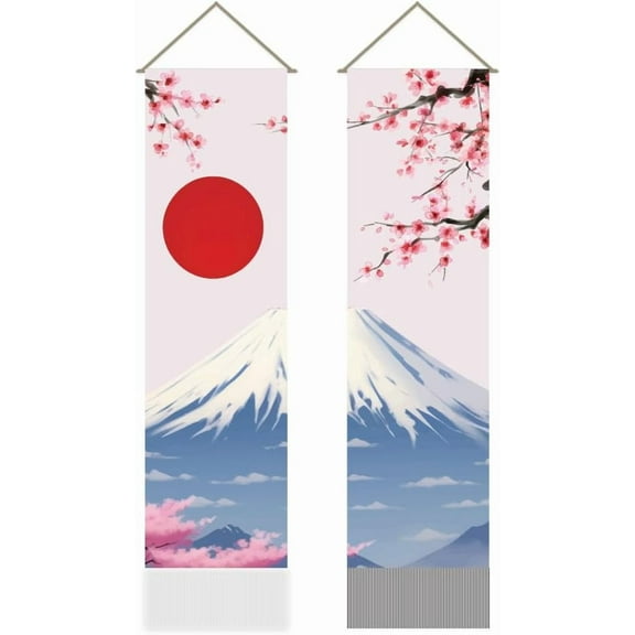 2Pcs Cherry Blossom and Mount Fuji Asian Oriental Tapestry Japanese Landscape Cultural Tapestry Hanging for Bedroom Living Room Zen Room Home Décor(45.7x13 Inch)