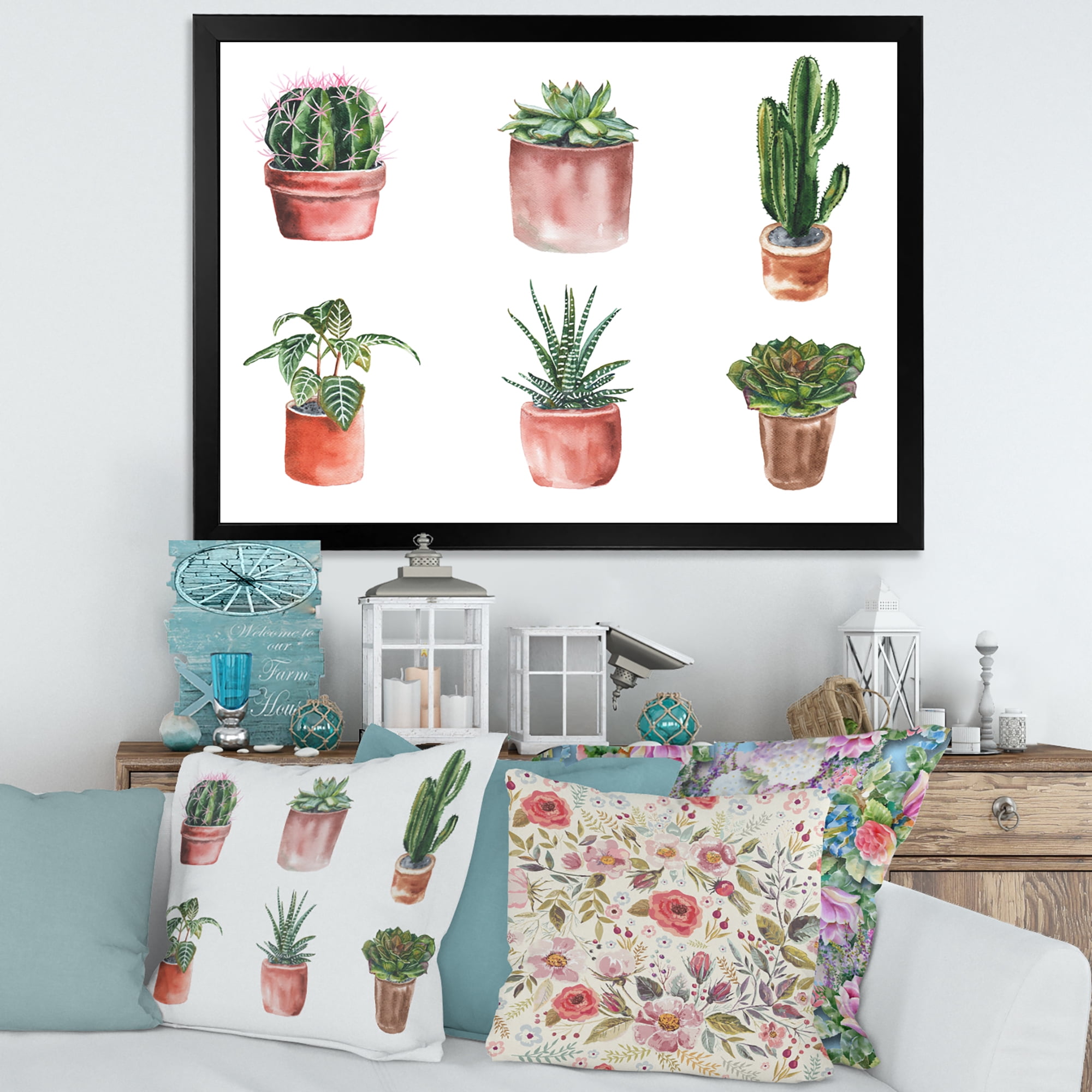Designart 'Cactus and Succulents In A Clay Pot ' Traditional Framed Art Print