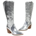 thumbnail image 3 of Berness Women Knee High Western Cowboy Boots Side Zippers Block High Heel Pointed Toe Snakeskin Print LILIBETH Silver Patent 5.5, 3 of 6
