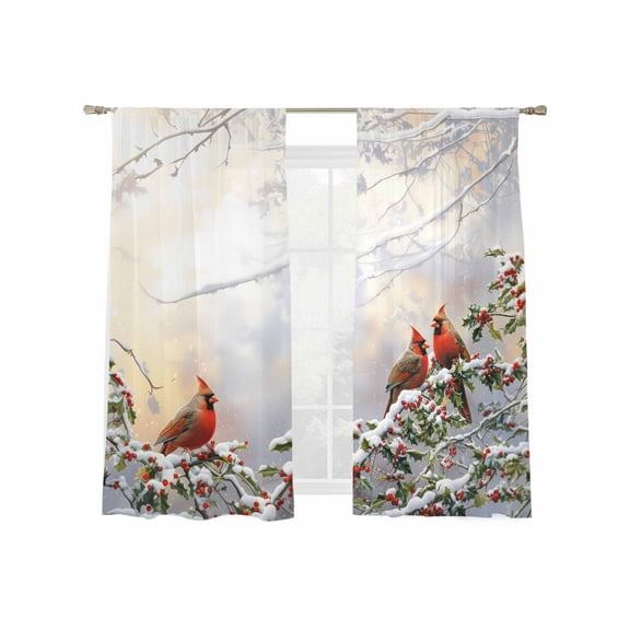 Christmas Sheer Curtains 2 Panels Set, Winter Snowfall Forest Bough Cardinal Berries Window Sheer Curtains for Living Room/Bedroom, Light Filtering Rod Pocket Voile Drapes, 52" W x 72" L