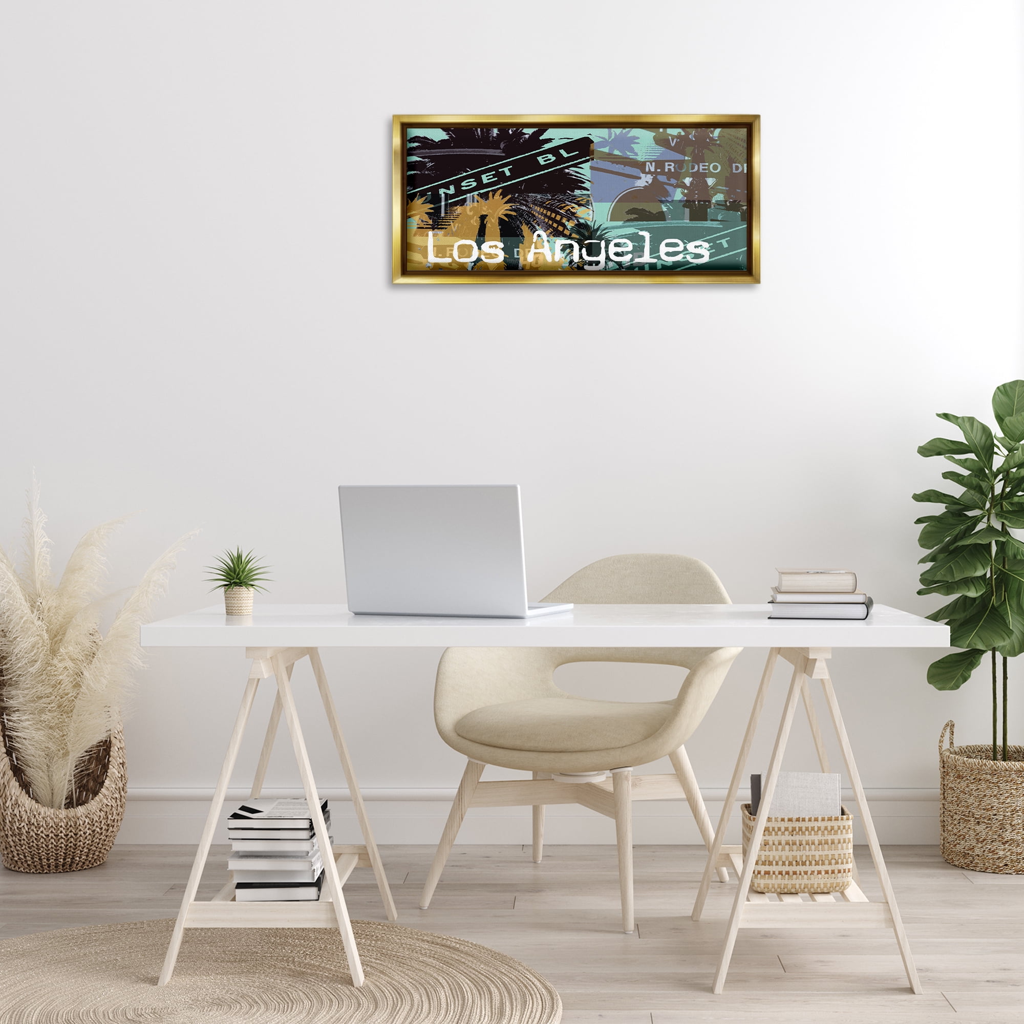 Stupell Industries Los Angeles Travel Collage Town & City Painting Gold Floater Framed Canvas Art Print Wall Art, 31 x 14
