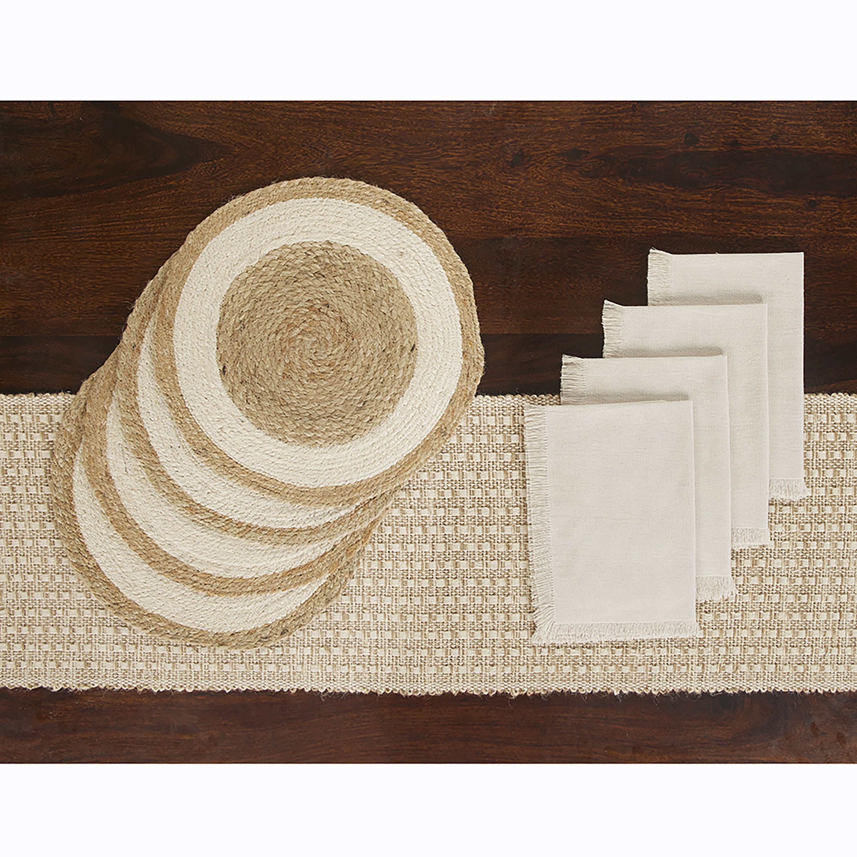 Better Homes & Gardens Set of 4 Jute Placemats, 1 Table Runner and Set of Four White Napkins Bundle