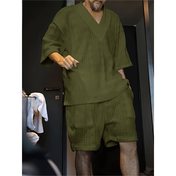 Plus Size Men's Army Green Bubble Textured Knit Two-Piece Outfit V-Neck Short Sleeve Top & Loose Casual Shorts