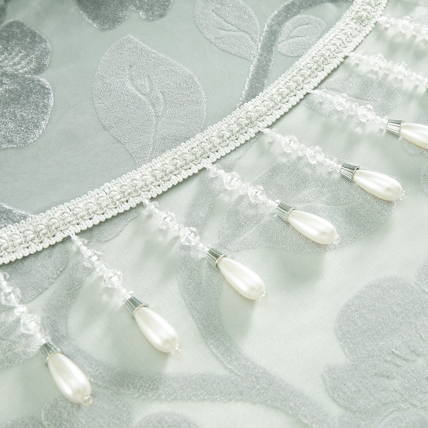 VOGOL Gray Beaded Floral Jacquard Waterfall Valance, Extra Wide Sheer Curtain, 43x138 inches, Modern Farmhouse Window Decor