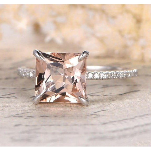 Sale 1.25 Carat Princess Cut Peach Pink Morganite And Diamond Moissanite Engagement Ring With 18K White Gold Plating, Promise Ring, Anniversary Ring