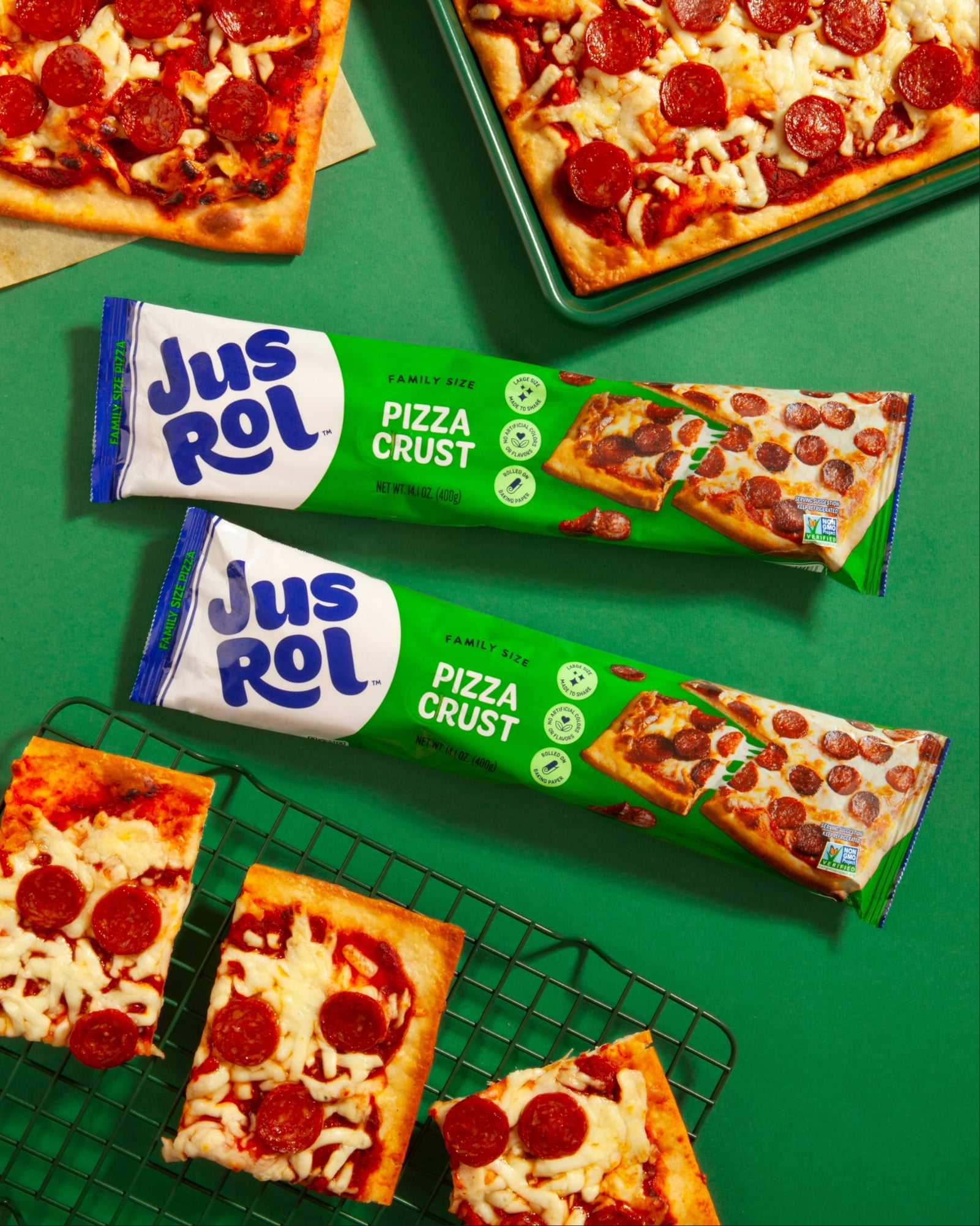 Jus-Rol Family Size Pizza Crust, Pre-Rolled Refrigerated Dough, 14.1 oz, Large Crust for Homemade Pizza