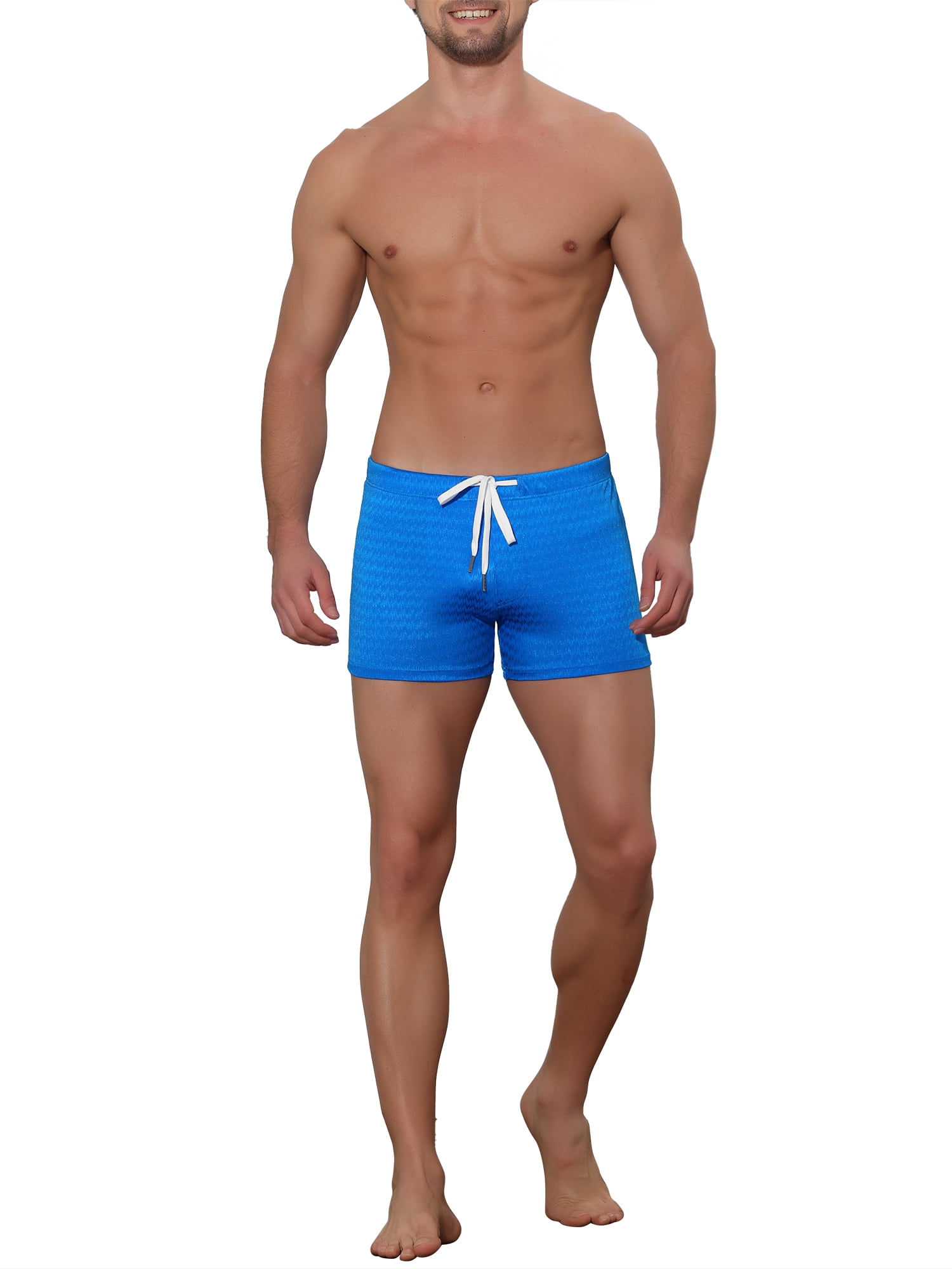 Unique Bargains Men's Solid Color Drawstring Waist Summer Beach Pool Swim Trunks 30 Blue