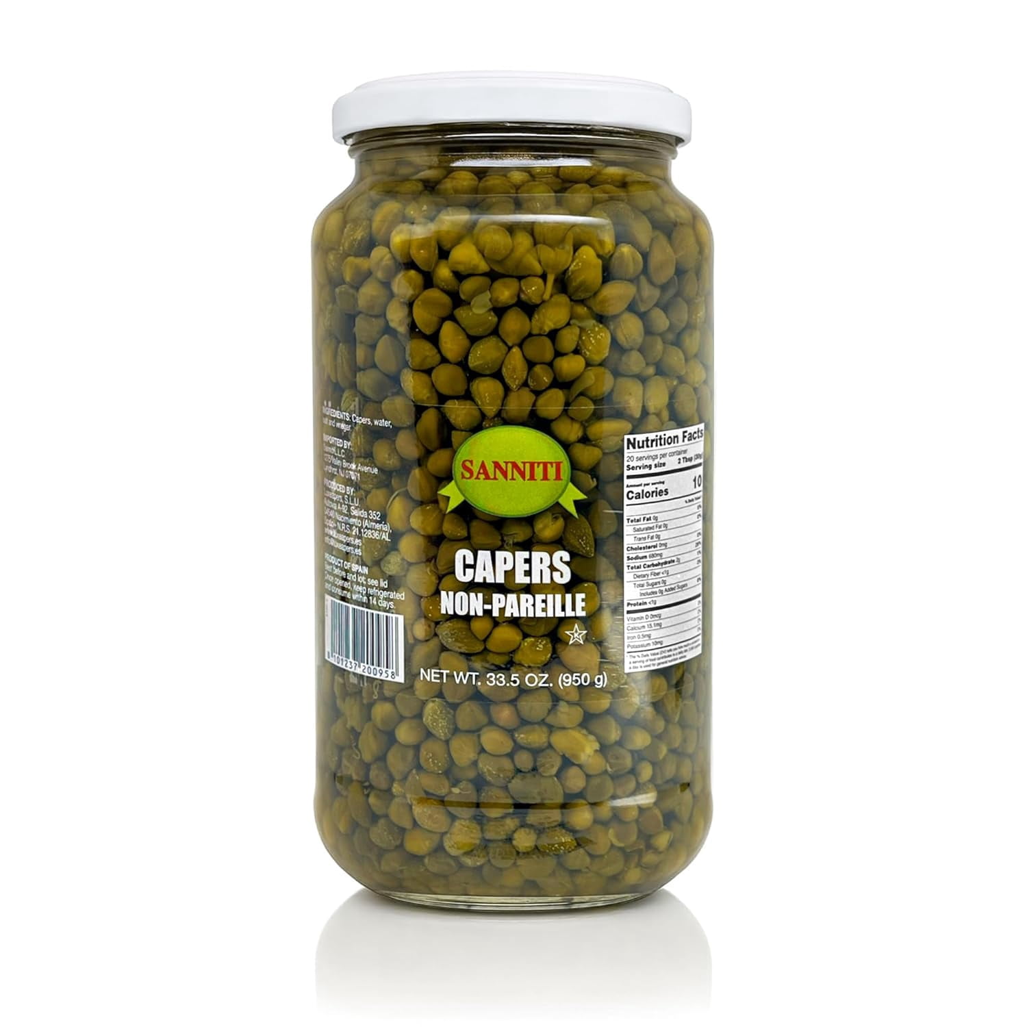 Sanniti Spanish Non Pareil Capers in Vinegar and Salt Brine - 33.5 oz (2 Pack)