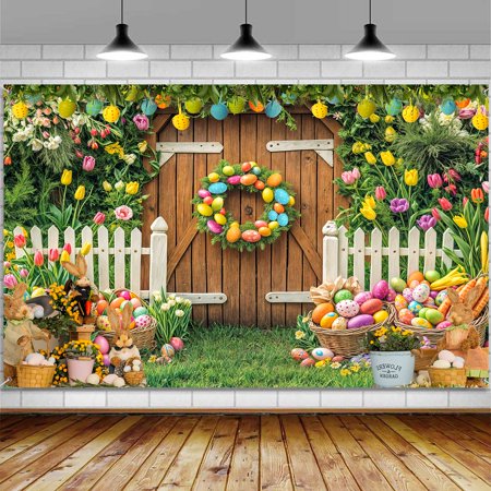 Happy Easter Banner Backdrop, Spring Easter Rabbit Colorful Eggs Large Banner Party Decorations Supplies, Indoor Outdoor Sign Poster Background Decor 72X44 Inch