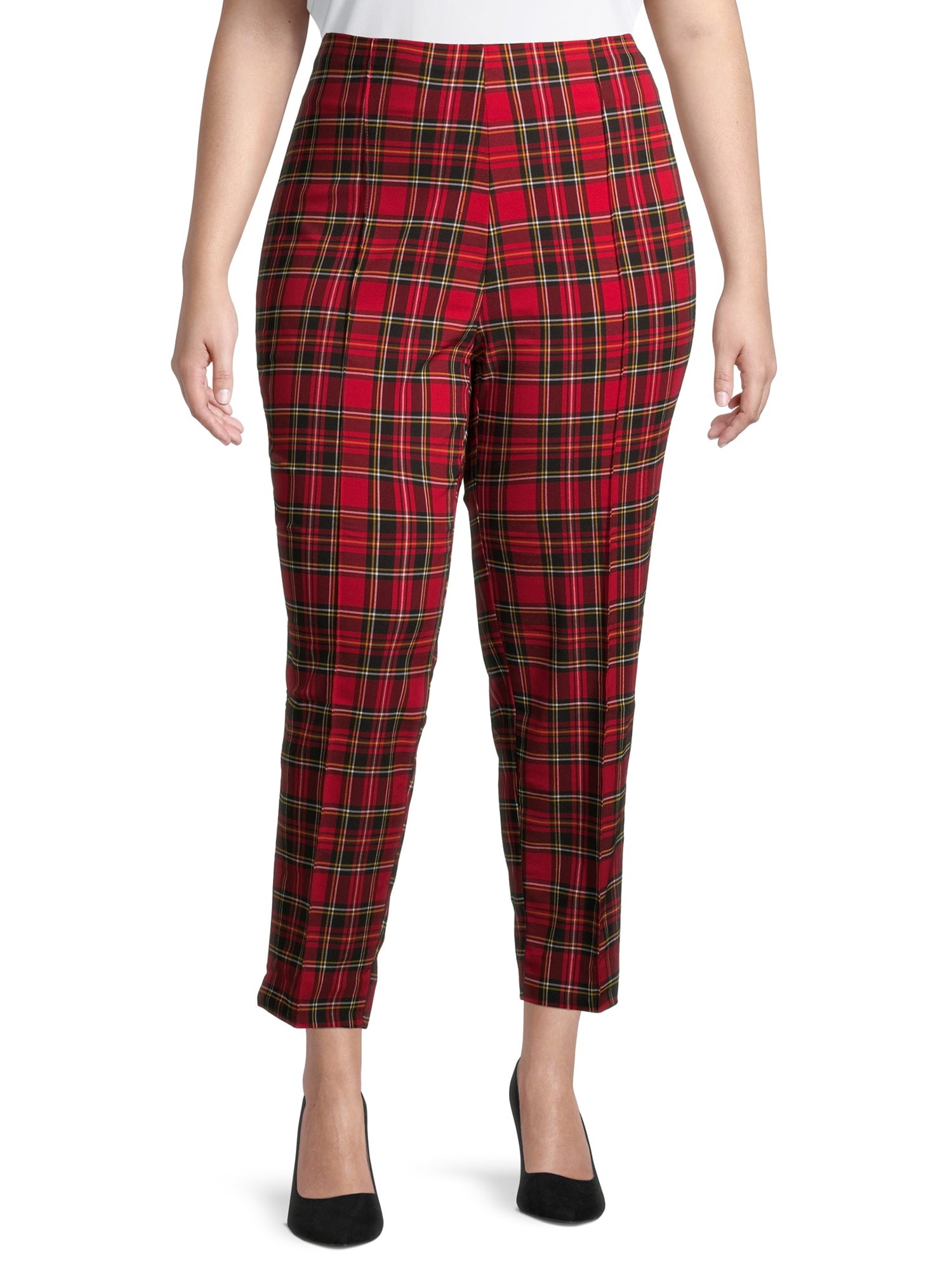 womens red plaid dress pants
