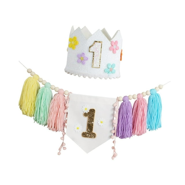 Decoraciones para fiesta de primer cumpleaños: pancarta de trona y fondo fotográfico con sombrero de corona Estilo C