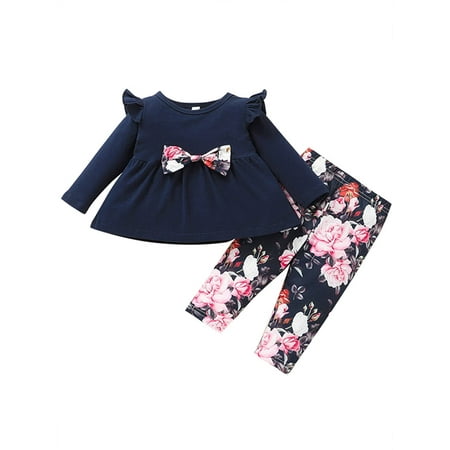 

uukiA 3-18 Months Toddler Baby Girl Ruffle Long Sleeve Round Neck Top And Floral Print Pants 2PCs Outfits Set