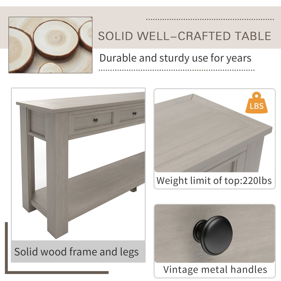 Solid Wood Console Table With 4 Drawers And 1 Bottom Shelf For Entryway, Hallway, Easy Assembly, 63 Inch Long Sofa Table ,Gray Wash