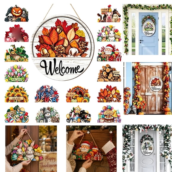 16 Pcs Interchangeable Welcome Sign for Front Door, 12 Inch Wood Decor, Magnetic Seasonal Wood Hanging Sign With 16 Changeable Icons, Rustic Farmhouse Wreath Decor for Holidays and Housewarming