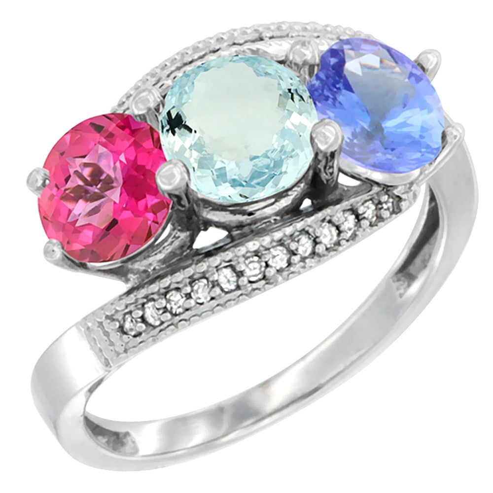 10K White Gold Natural Pink Topaz, Aquamarine & Tanzanite 3 stone Ring Round 6mm Diamond Accent, sizes 5 10 by WorldJewels