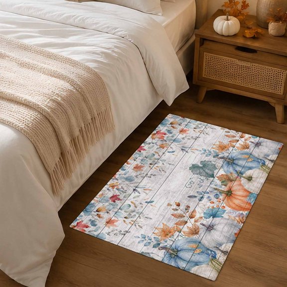 2x3ft Rectangle Rug,Vintage Fall Pumpkin Leaves Washable Area Rugs Non-Slip Accent Rug Thanksgiving Farm Wood Grain Soft Circle Carpet for Living Room Bedroom Home Office Decor