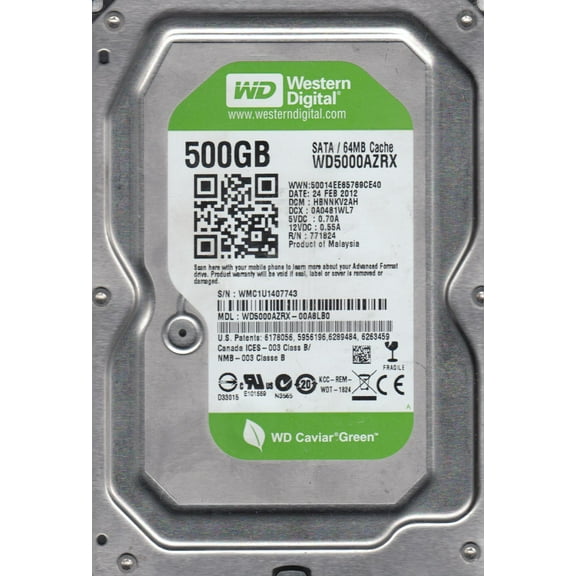 WD5000AZRX-00A8LB0, DCM HBNNKV2AH, Western Digital 500GB SATA 3.5 Hard Drive