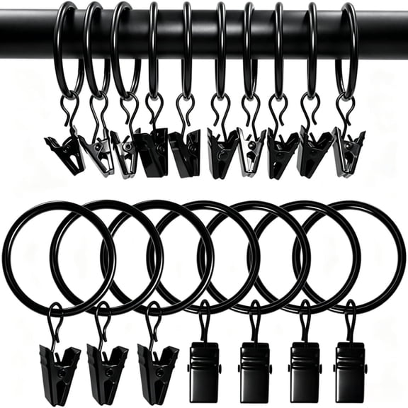 30 Pack Curtain Rings with Clips, Drapery Clips with Rings, Drapes Rings 1.5 in Interior Diameter, Fits up to 1 in Curtain Rod, Black
