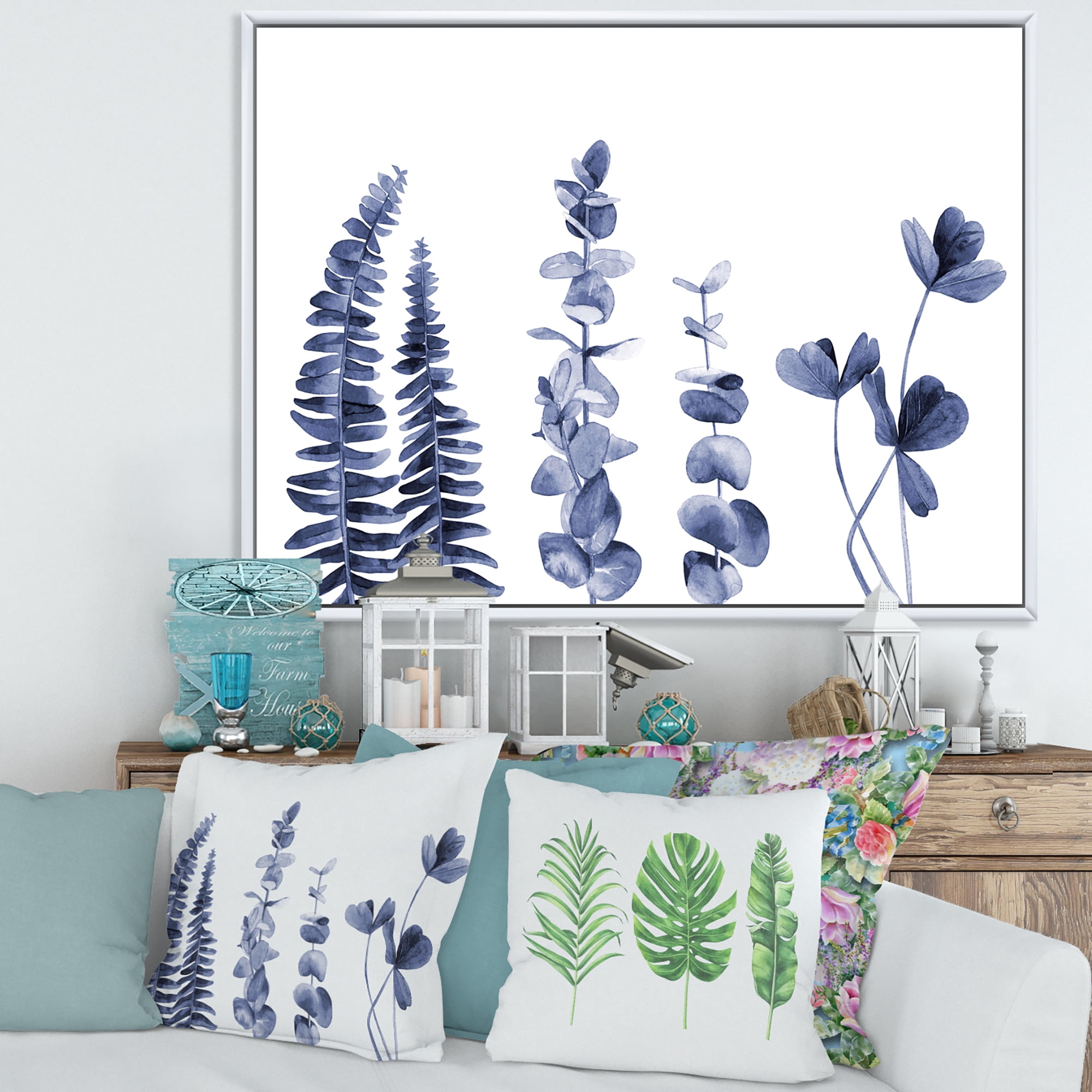 Designart 'Navy Blue Eucalyptus On White I' Traditional Framed Canvas Wall Art Print