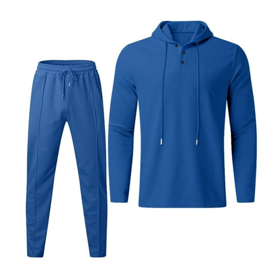 sususu Suit for Men,Modern Men Two Piece Solid Color Hoodie Top with Trousers Casual Long Sleeve Outfit Set for Everyday Wear - Blue