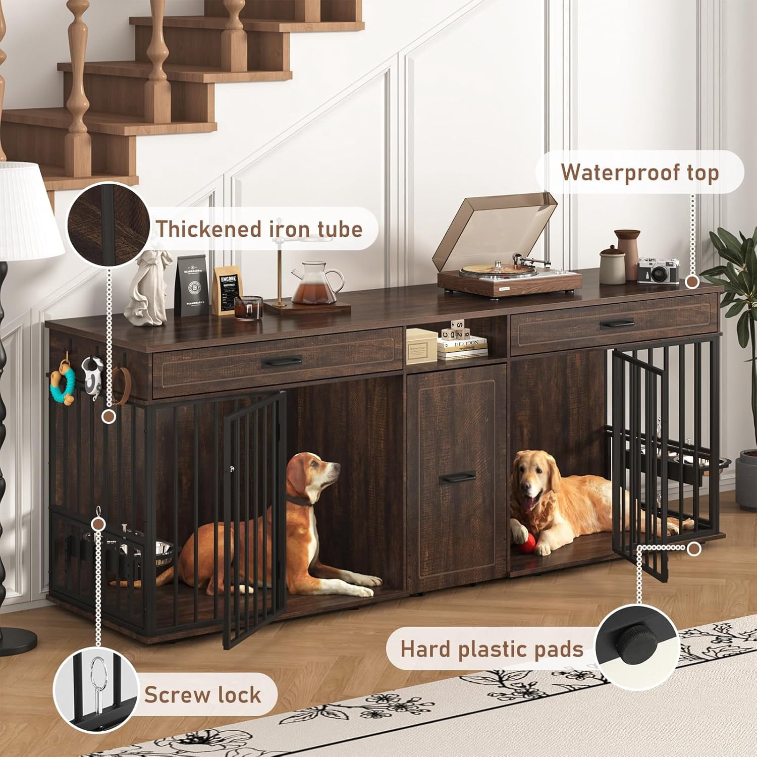 ChVans 86.6" Dog Crate Furniture TV Stand for Large Breed Dogs, Wooden Kennel with Dual rooms, Dog Bowl, 2 Drawers &  Cabinet for Medium-Large Dogs