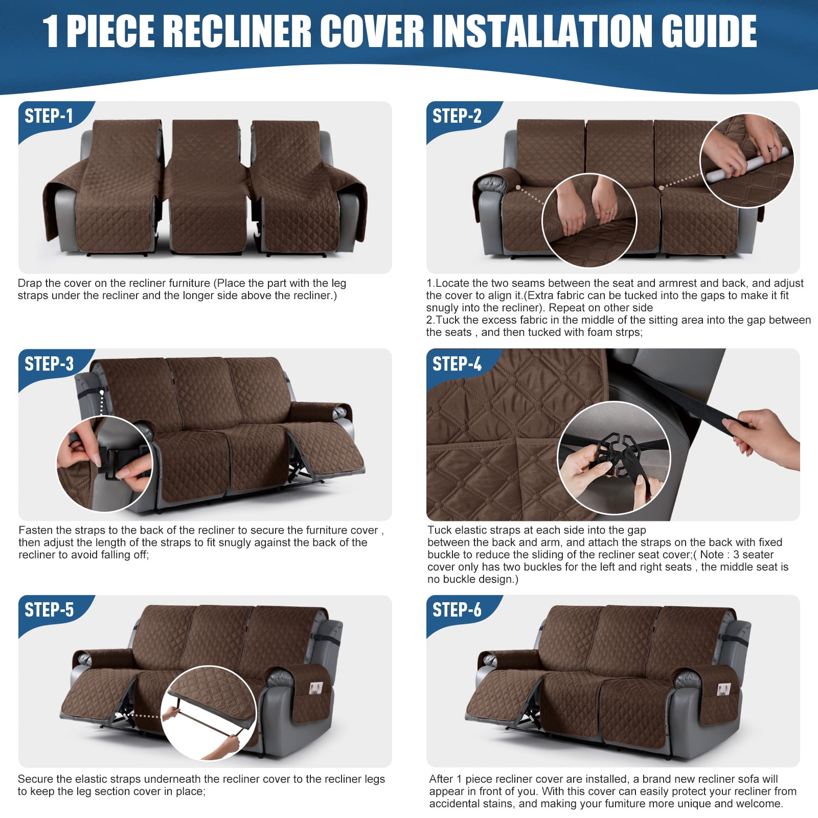 Timeles Waterproof Recliner Sofa Covers, Recliner Couch Covers with Leg Straps, Reversible Recliner Covers for 3 Seat Reclining Chair, Washable Sofa Protector for Pets Kids (Brown)