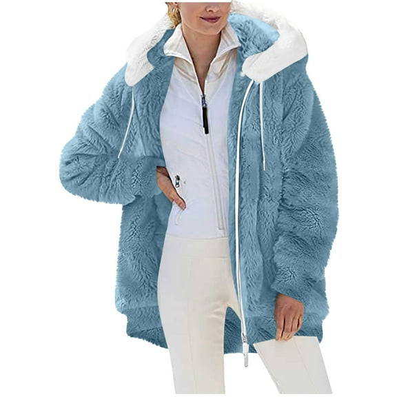 Hueook Fall Jackets for Women Hoodies Women's Solid Color Zipper Pocket Hooded Ear Loose Jacket Long Sleeved Hooded Casual Jacket/jacket Blue 2X