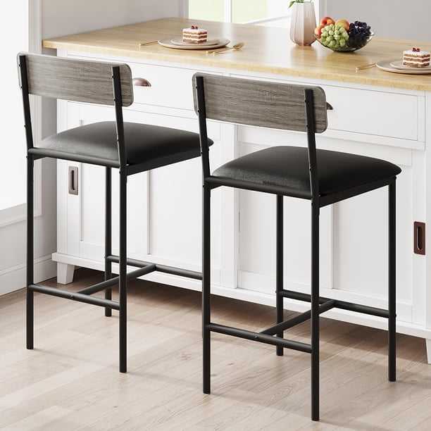 Set of 2 gray pu forrado kitchen bar stools con footrest y back, counter - height para kitchen island, apartment o counter bar, easy to assemble
