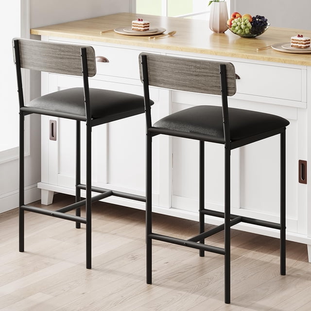 Set of 2 gray pu forrado kitchen bar stools con footrest y back, counter - height para kitchen island, apartment o counter bar, easy to assemble