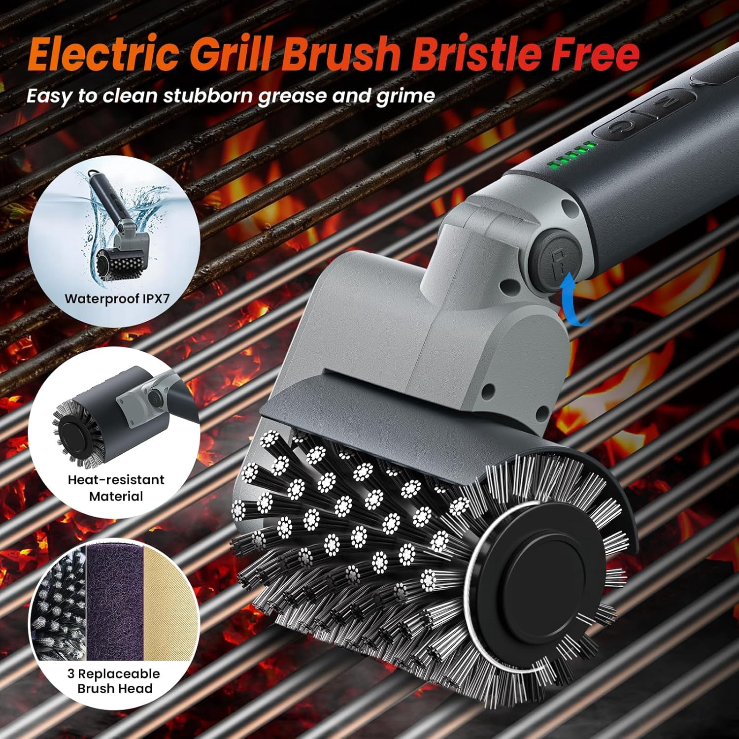 Electric Grill Brush for Outdoor Grill,3-in-1 Kit Cordless Rotary Cleaner with 3-Speed Control&Angle Adjust,Safe Cast Iron/Stainless-Steel Grates,Ideal BBQ Gifts Men Dad