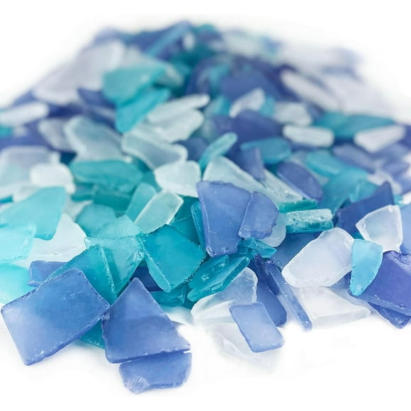 CYS EXCEL- Sea Glass 24 Ounces Cobalt Blue & Light Blue & Clear Mix Multiple Color Choices Crushed Glass Vase Filler Aquarium Nautical D Cor for Art Crafts Flat Frosted Dyed Color Stone