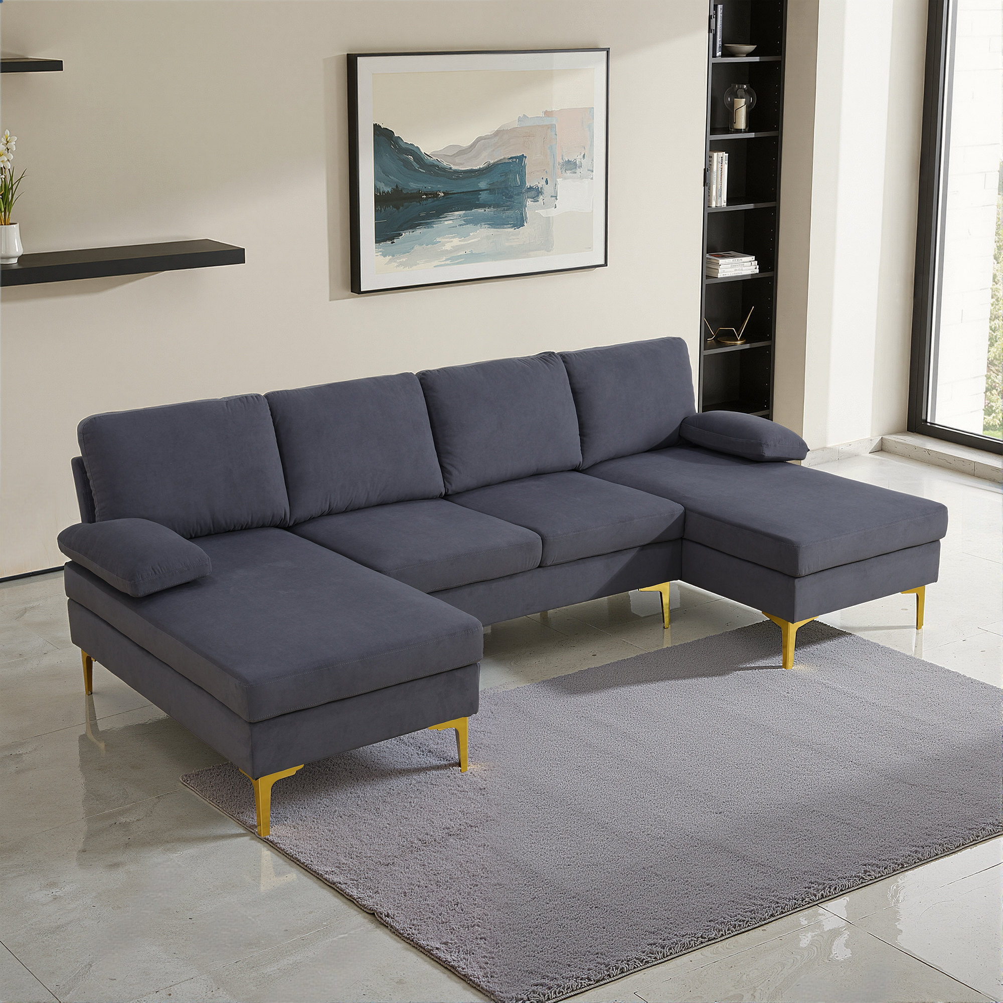 MAYEERTY 99.5" U-Shaped Modular Sofa, Flannel Sectional Couch Sofa Set, Deep Grey