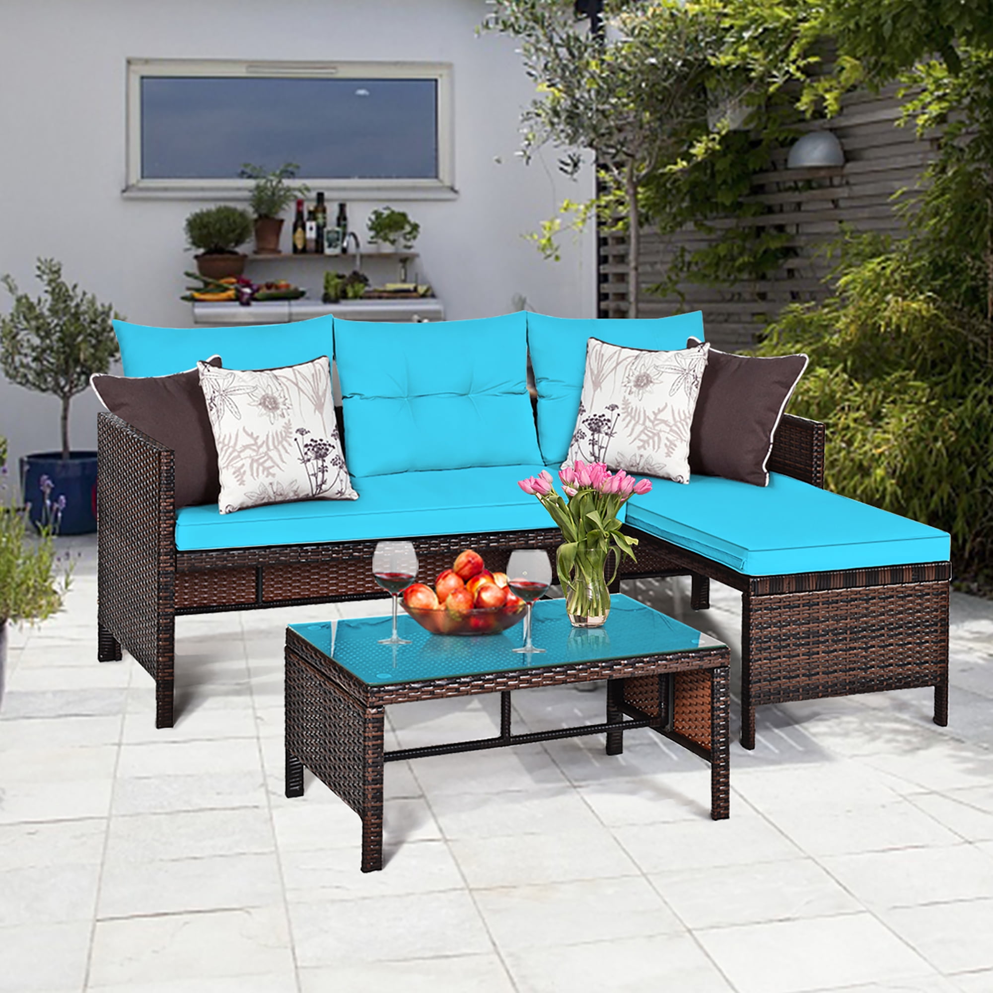 3 Piece Patio Rattan Garden Conversation Couch Furniture with Turquoise Cushion Outdoor PE Wicker Sofa Set 