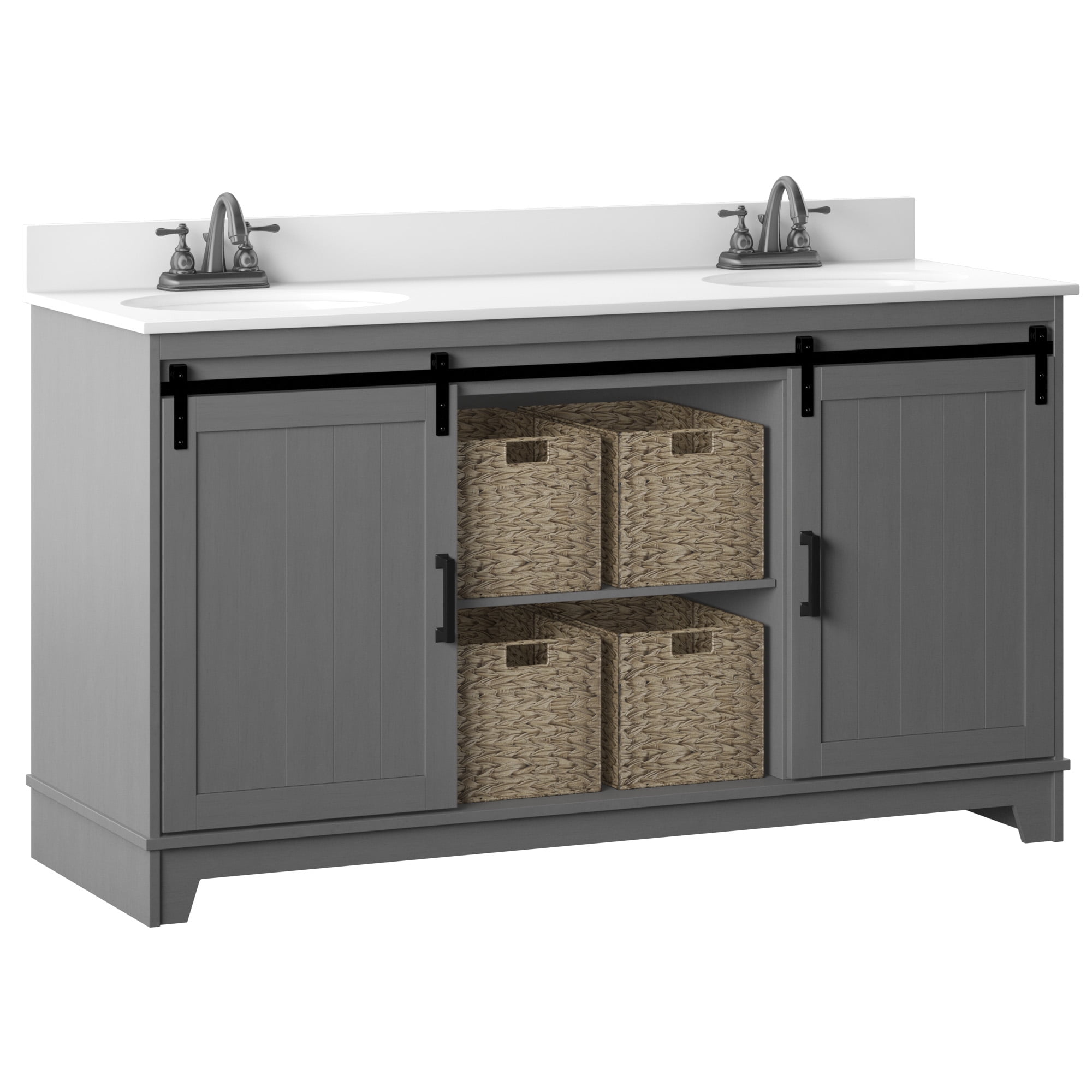 Twin Star Home 60" Sliding Barn Door Double Sink Bathroom Vanity with 4 Woven Baskets