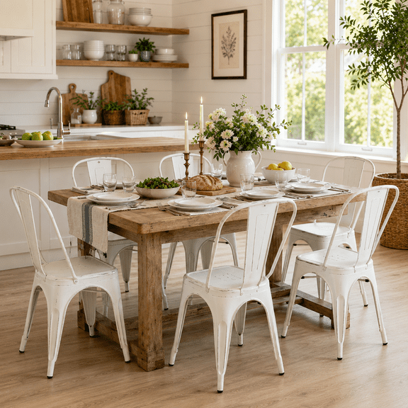 Metal Dining Chairs Set of 6, Stackable Chairs with Backrest, Indoor Outdoor, Distressed White