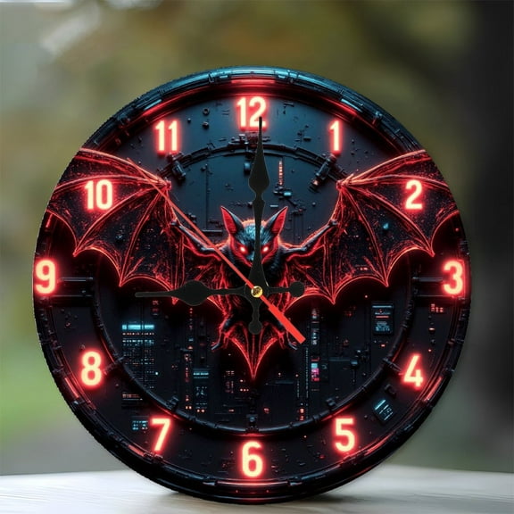 Glowing Bat Neon Wall Clock Unique Decor 10-Inch Silent Wooden Wall Clock, Battery Operated (AA Batteries Not Included), Artistic Home Decor